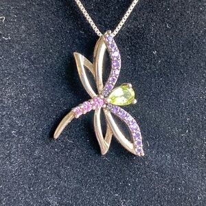 Kay Jewelers Sterling Silver Dragonfly Pendant Featuring Mulit Gemstones 18”